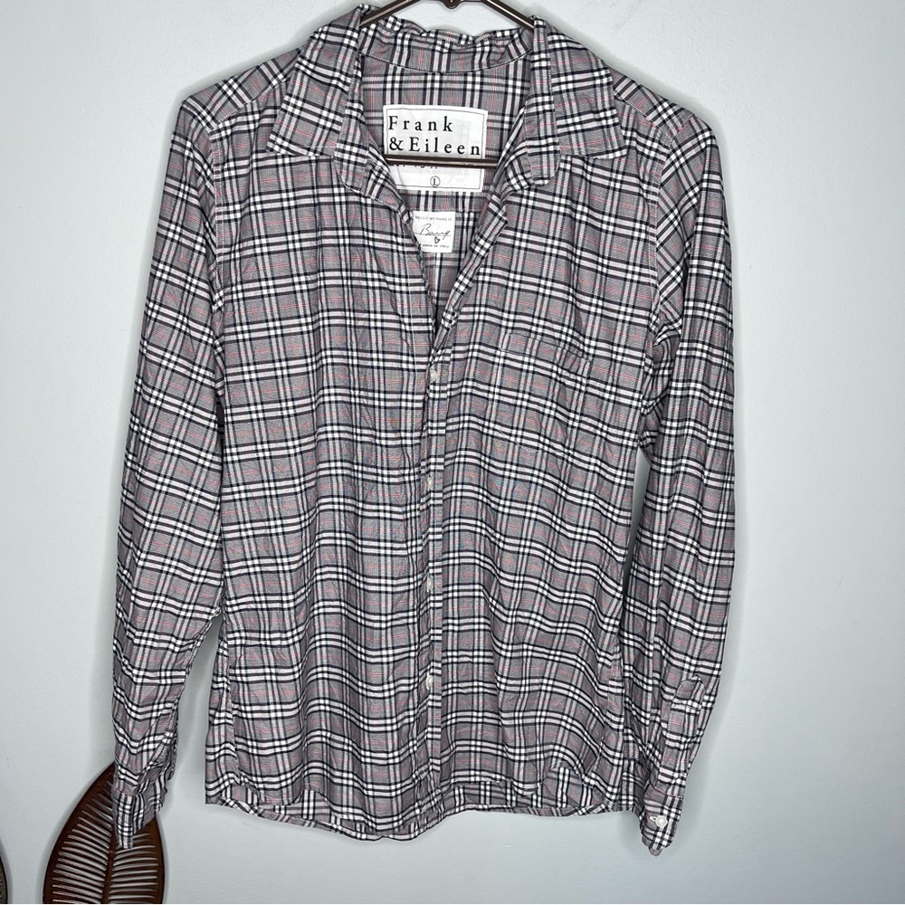 Frank & Eileen Barry Plaid Button Up Shirt Linen Large Black White Red Italy D5